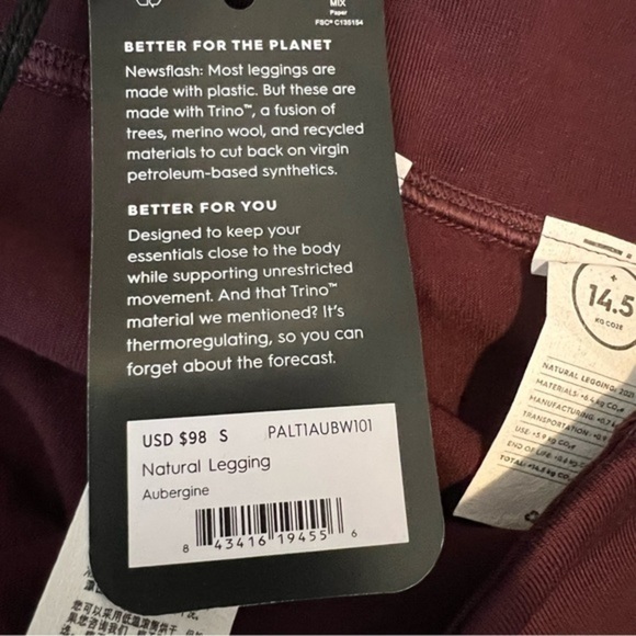 Allbirds Natural Leggings womens size small maroon long workout gym - Picture 9 of 9